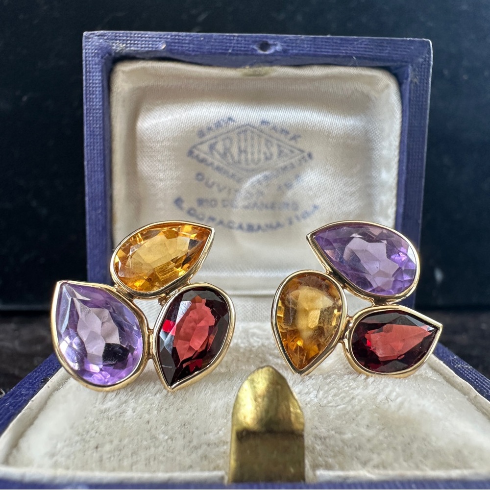 Amazing Vintage 14k Yellow Gold Amethyst Citrine Garnet Multi Color Earrings